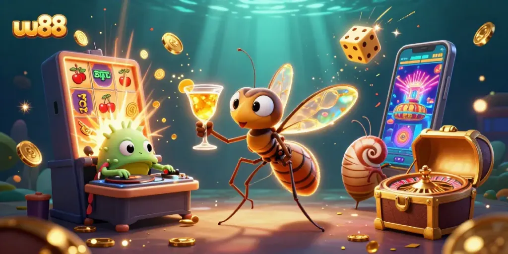 Engage with uu88's vibrant casino world featuring a lively mascot and exciting gaming elements.