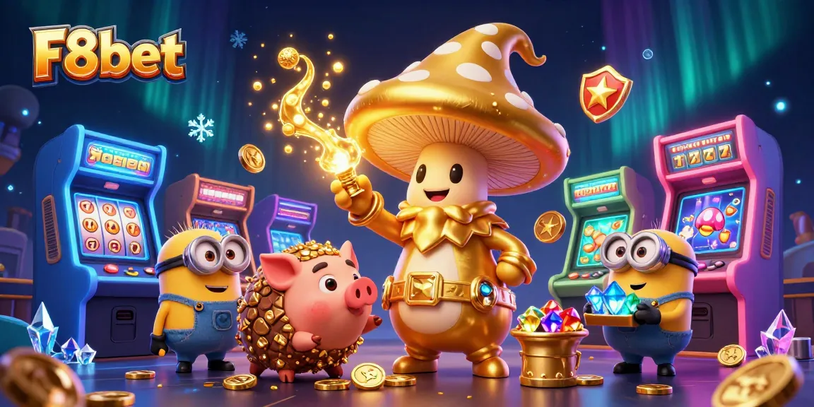 Experience F8bet's magical casino world with golden treasures, whimsical characters, and vibrant gaming elements.
