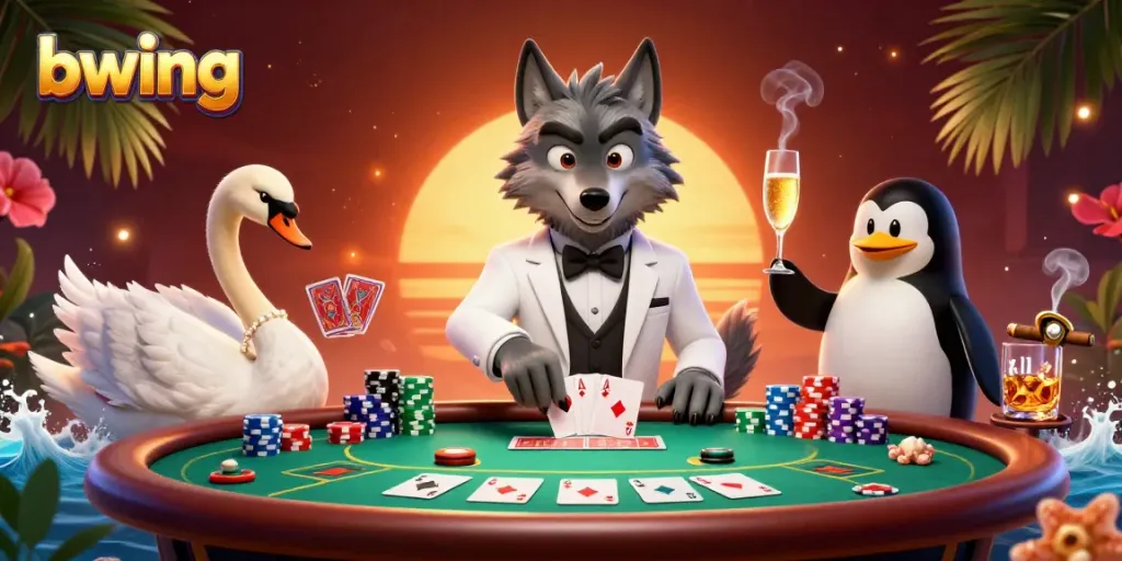 Engaging bwing online casino illustration of a wolf, swan, and penguin at a baccarat table with vibrant casino elements.
