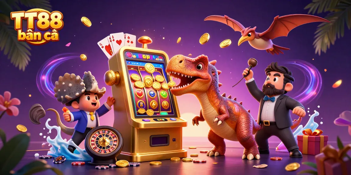 Catch golden coins with TT88 bắn cá as dinosaurs interact with a fun-filled casino scene.