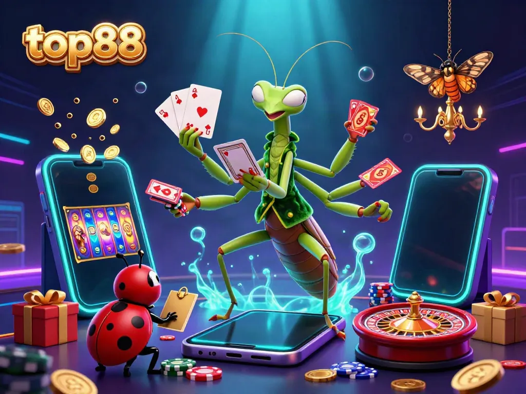Engage with top88's exciting casino world through an energetic 3D illustration of a praying mantis card sharp and friends.