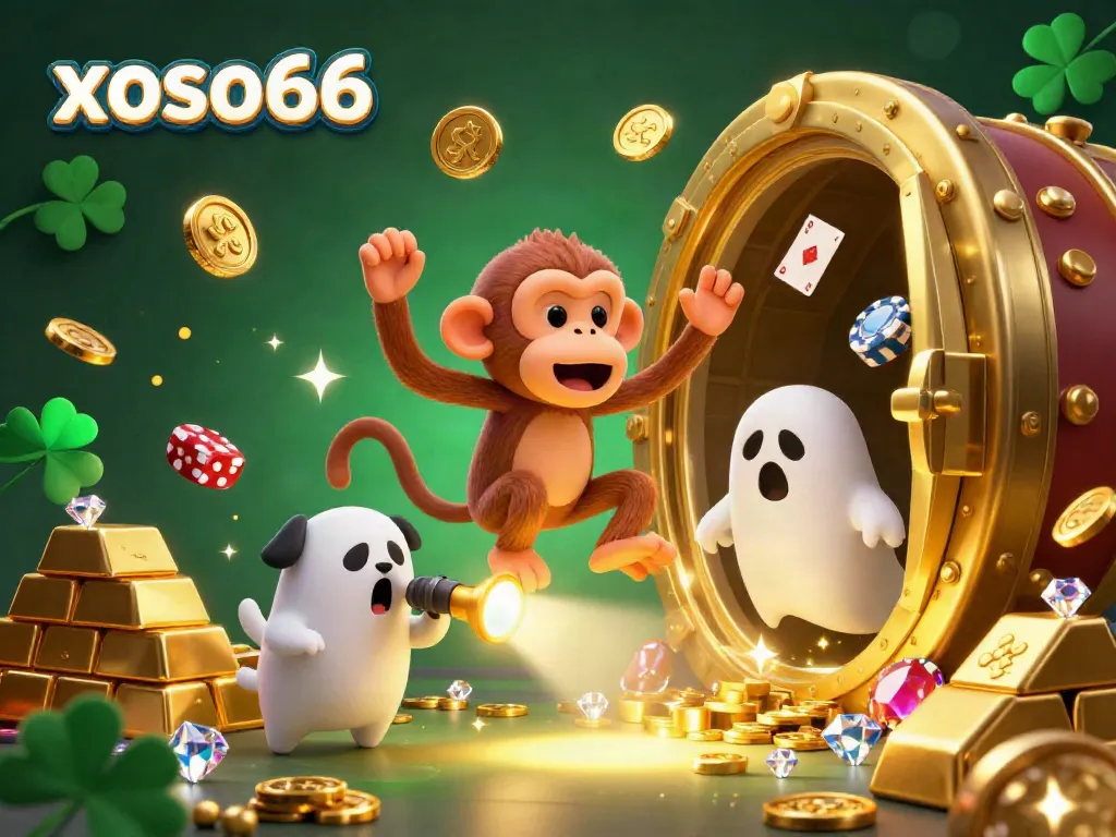 Engage with the immersive xoso66 online casino featuring a playful poltergeist monkey and a curious puppy in a haunted scene.
