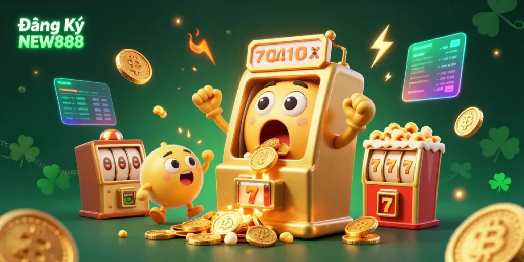 Experience the excitement of Đăng Ký NEW888 with a golden slot machine celebrating a jackpot amidst Bitcoin and Ethereum coins.