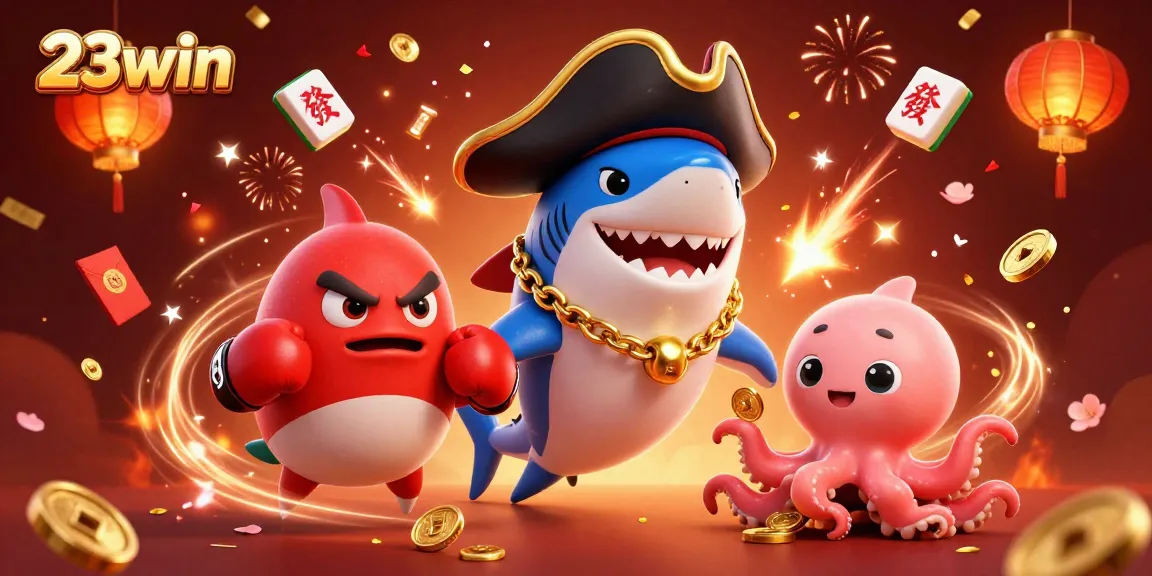 Engage with 23win's thrilling casino adventure featuring a pirate shark, pufferfish, and octopus.
