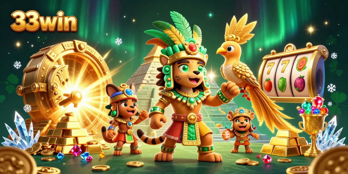 Win at 33win with a vibrant Mayan-themed casino illustration featuring treasures and slot elements.