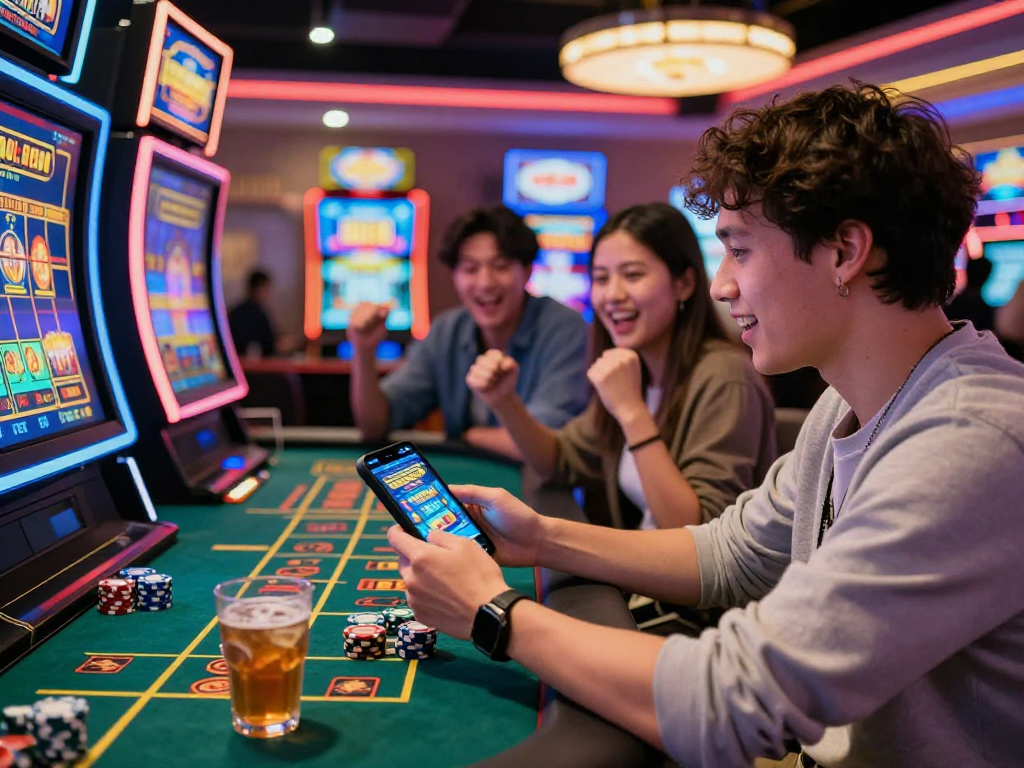 Giocatore entusiasta in un casinò online non AAMS con amici e macchine da gioco colorate.