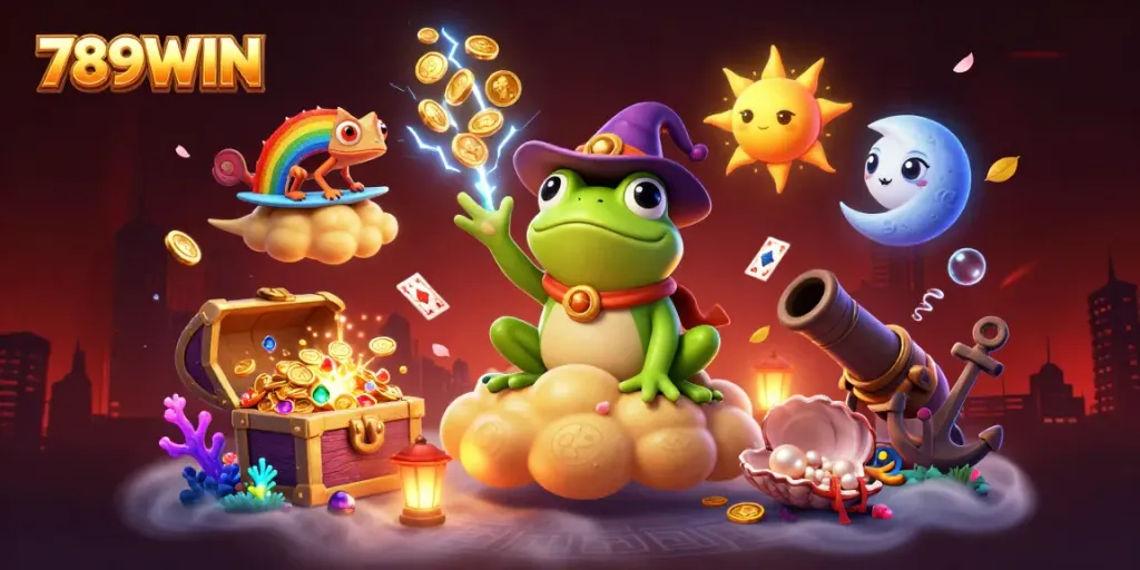 Experience the excitement of 789WIN illustrated with a wizard frog and chameleon in a gold coin storm.
