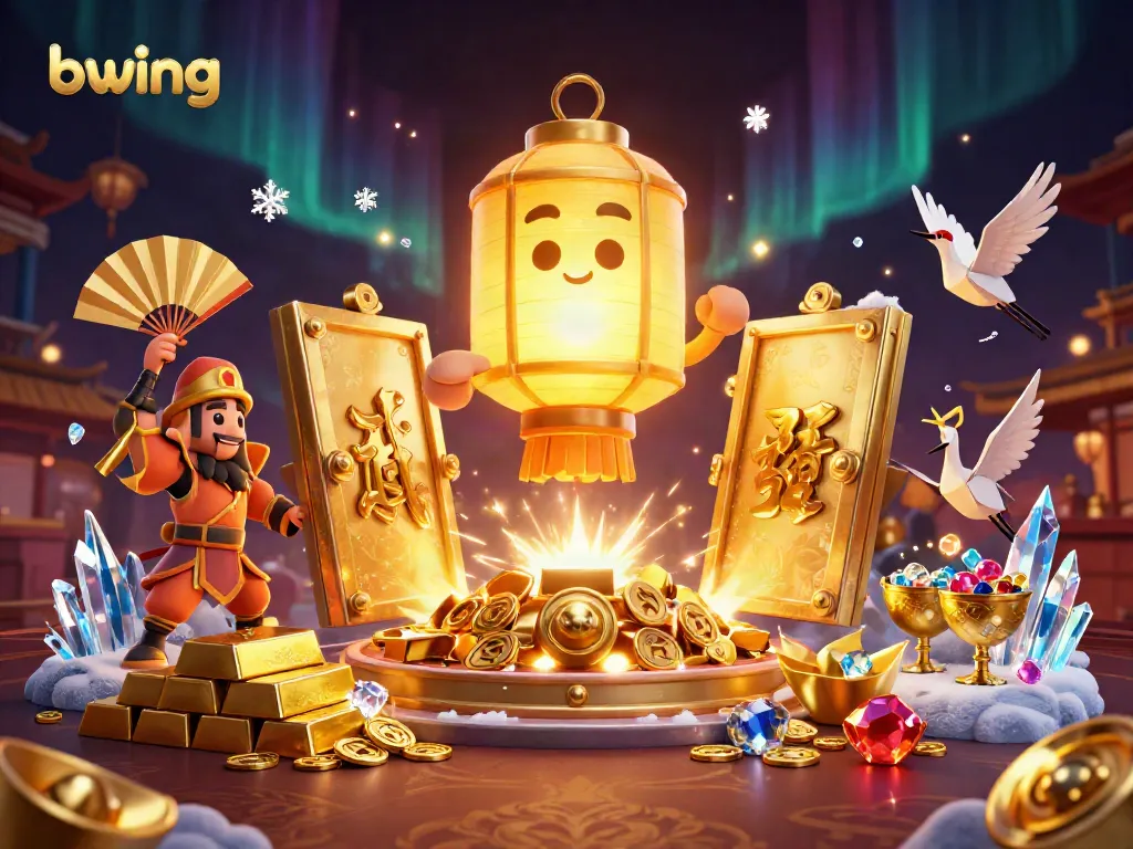 Experience the excitement of bwing in this vibrant casino scene with a golden lantern spirit and treasure elements.