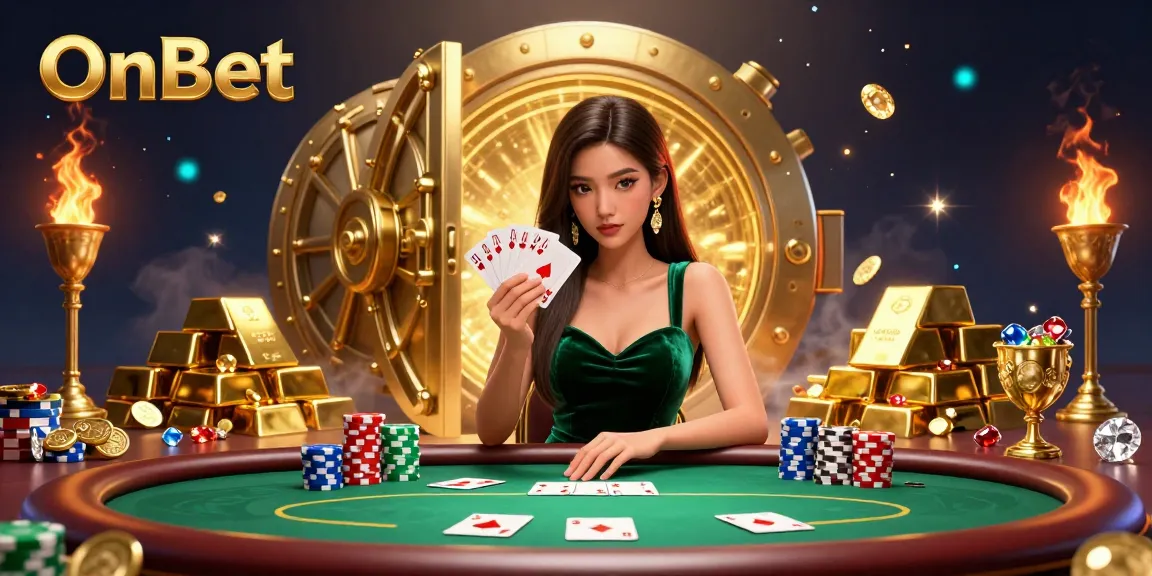 Engage with OnBet’s thrilling poker experience featuring a beautiful Asian woman surrounded by gold and gems.