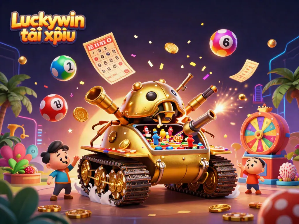 Experience the excitement of Luckywin tài xỉu with a dynamic casino scene featuring a golden beetle tank spilling rewards and vibrant visual elements.