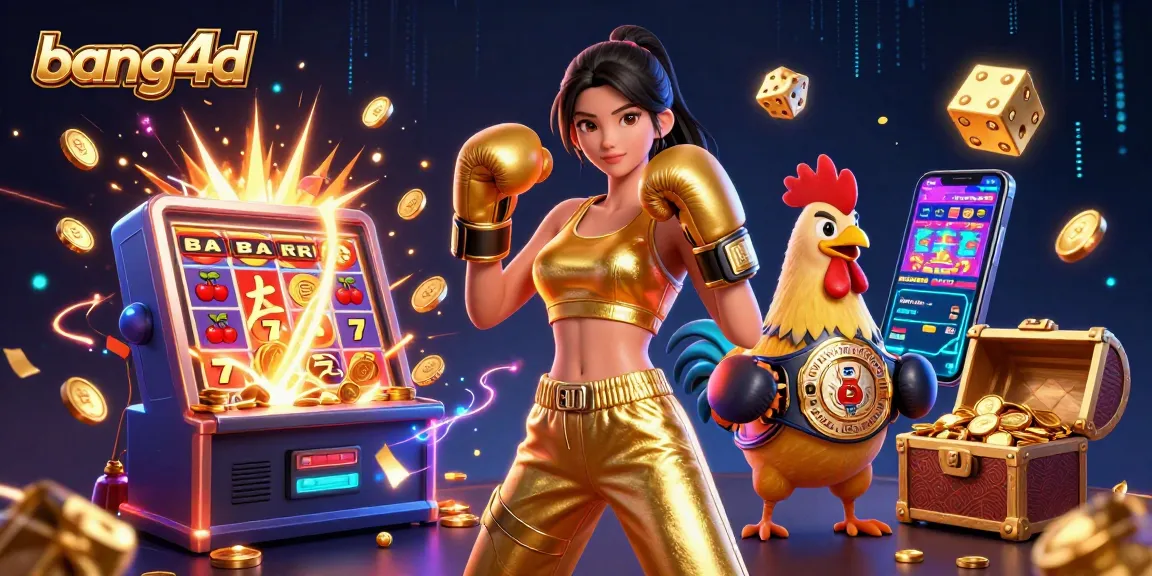 Experience excitement with bang4d as a stunning female boxer and cartoon rooster celebrate wins amidst colorful casino elements.
