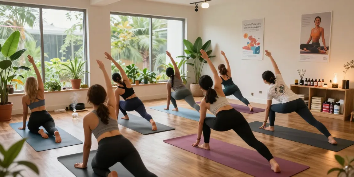 Engaged group practicing yoga in a wellness studio promoting glow peptide for sale benefits.