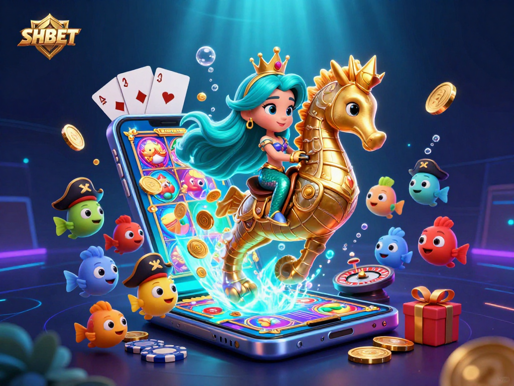 Experience the excitement of SHBET's vibrant gaming world with a colorful illustration of a mermaid riding a seahorse.