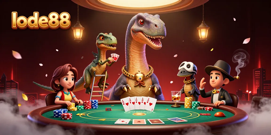 Experience thrilling card action with lode88 at a bustling casino scene featuring a giant dinosaur dealer.