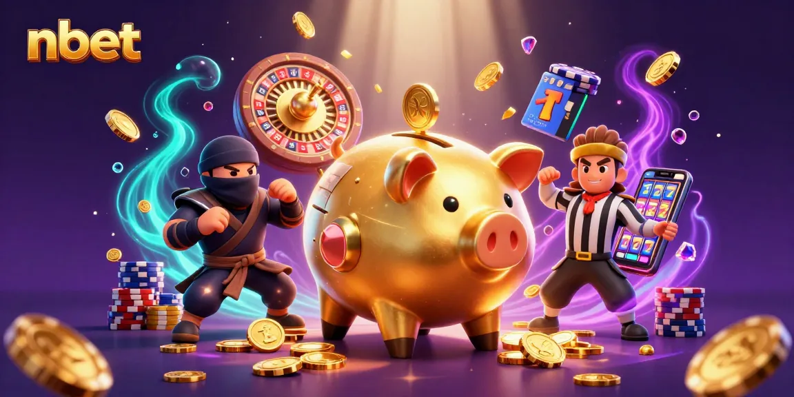 Experience nbet's vibrant casino scene with a golden piggy bank wrestler and dynamic gaming elements.