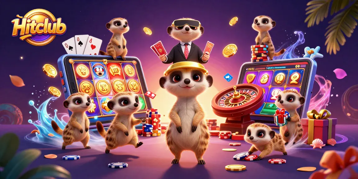 Hitclub invites players to join a lively casino scene featuring meerkats managing games, surrounded by colorful slot elements.