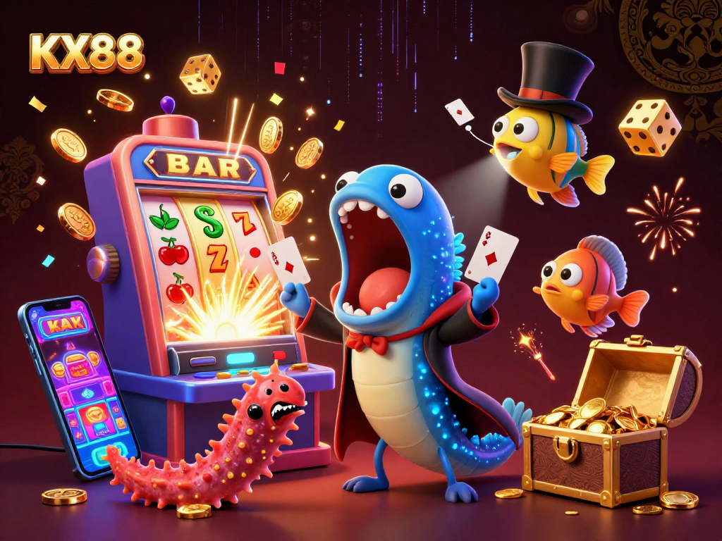 Experience vibrant gambling fun with KX88 in a captivating magic-themed illustration full of excitement.