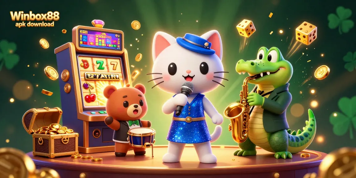 Experience the excitement of the Winbox88 apk download with thrilling characters and winning symbols in a vibrant casino scene.