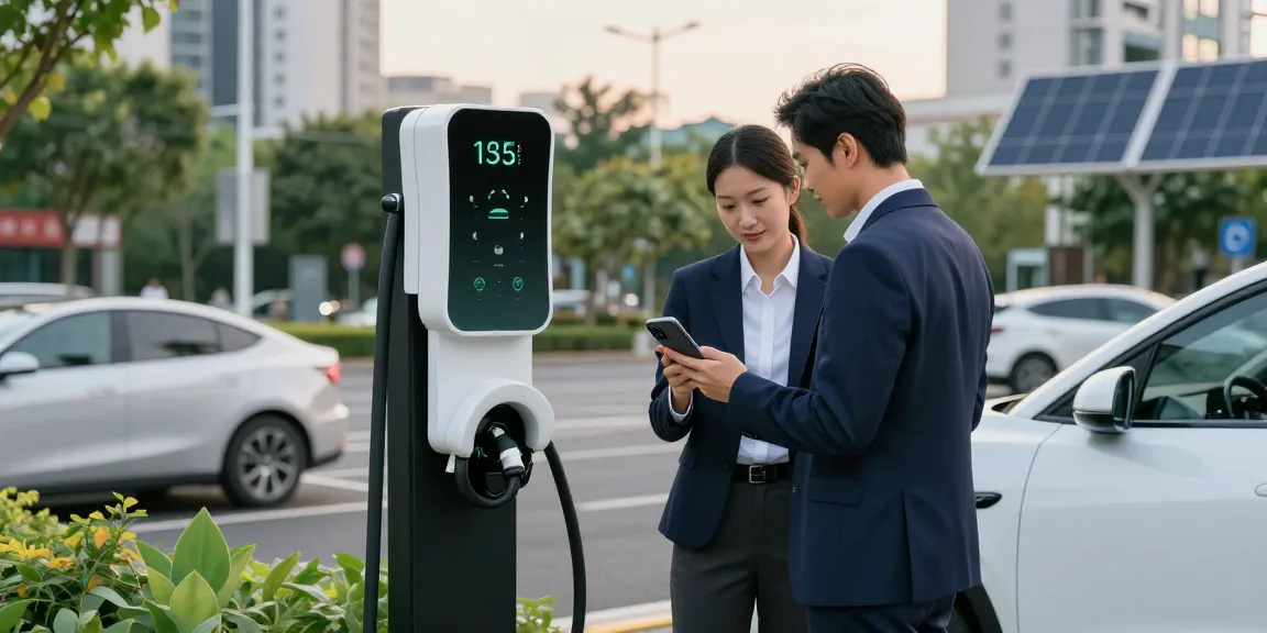 Professional checking EV charger while standing in urban setting, showcasing ev charger manufacturer quality.