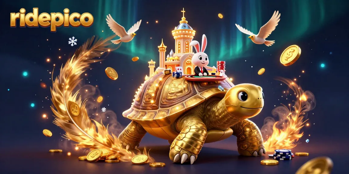 Experience thrilling gameplay at ridepico with a casino scene featuring a giant golden tortoise and rabbit dealer.