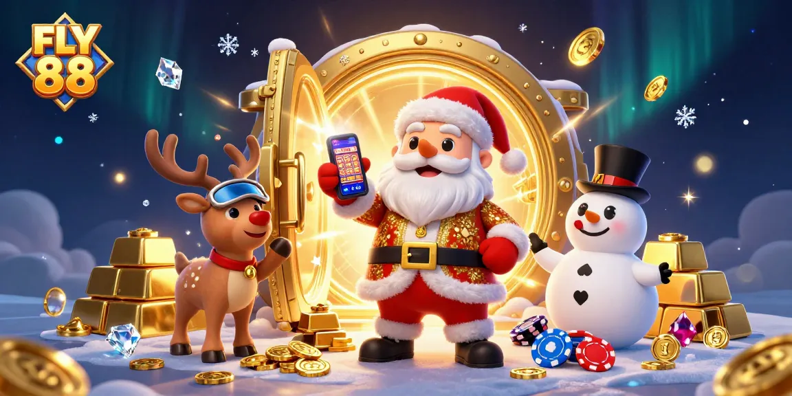 Play online slots at FLY 88 with Santa, his reindeer, and a snowman amid treasures!