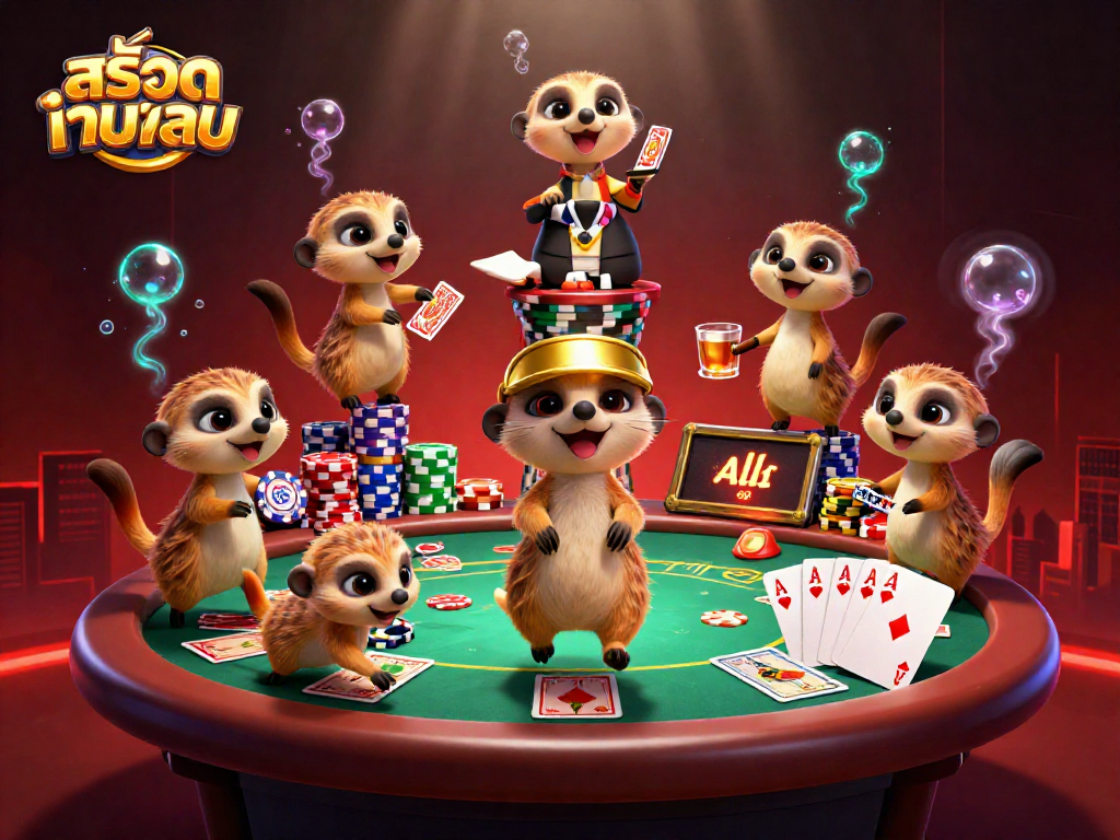 Experience the excitement of สล็อตเว็บตรง gaming with a lively meerkat casino scene featuring card dealers and vibrant game elements.