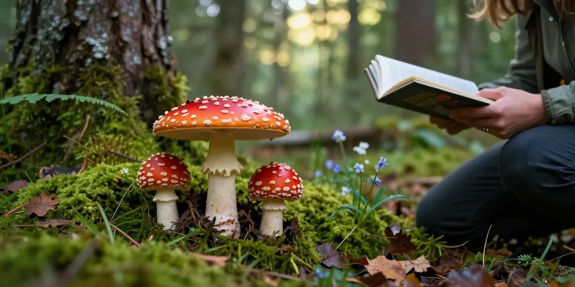 Amanita muscaria kaufen in einer ruhigen Waldumgebung, lebendige Pilze mit roten Kappen und weißen Punkten, umgeben von üppigem Grün.
