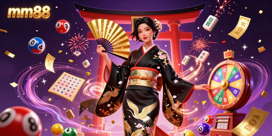Experience the excitement of mm88 with vibrant lottery elements and a captivating Asian themed illustration.