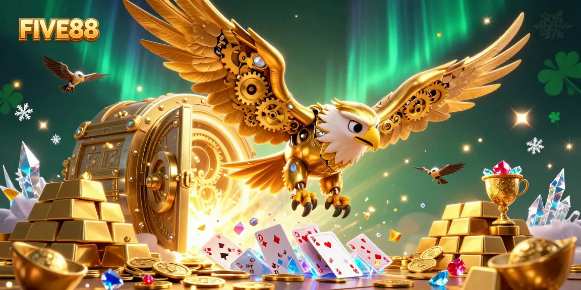Experience thrilling gameplay with the FIVE88 cybernetic golden eagle amidst treasure and cards.