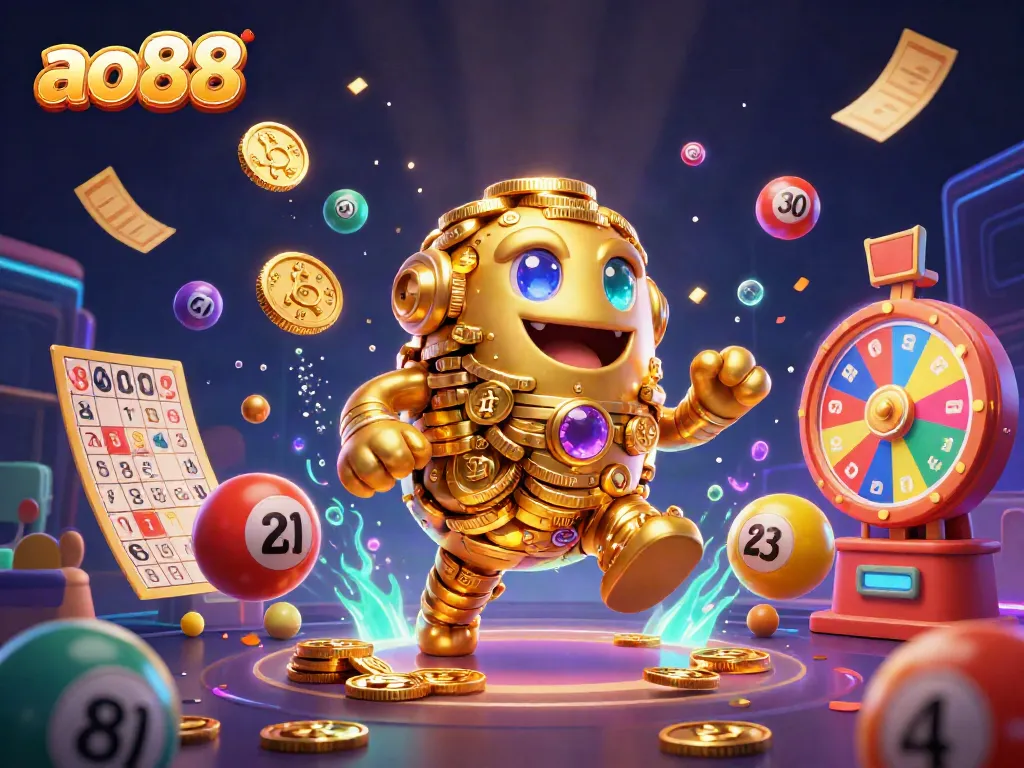 Experience dynamic gaming excitement with ao88 featuring golden golem surrounded by vibrant lottery elements.