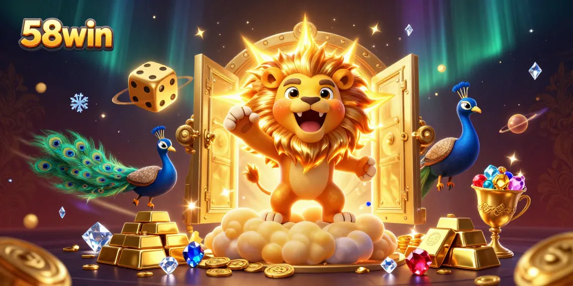 Experience 58win with a thrilling 3D scene of a golden lion, dice, and jewels in a rich casino ambiance.