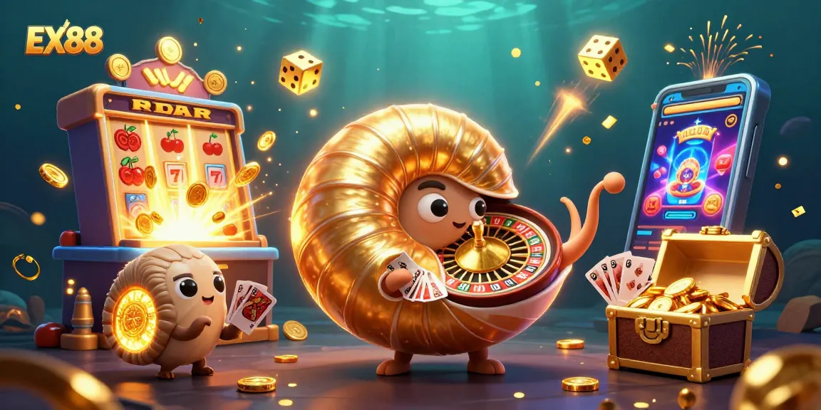 Engage in thrilling games with EX88's exciting 3D casino illustration featuring lively characters and casino elements.