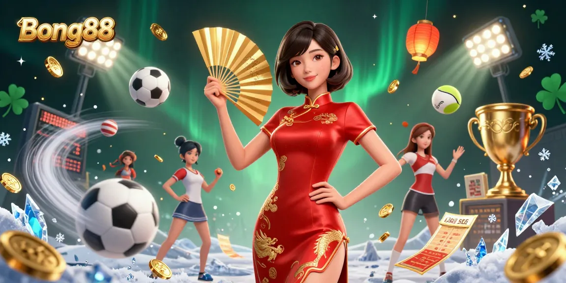 Bong88 encourages dynamic sports betting with a confident Asian woman in a vibrant qipao surrounded by golden elements.