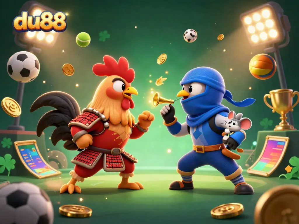 Experience the thrilling standoff of du88's fighting roosters amidst dynamic casino elements.