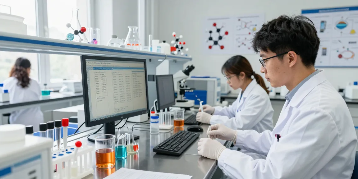 Research on SwissChems Peptides in a modern lab environment with scientists analyzing data and preparing samples.