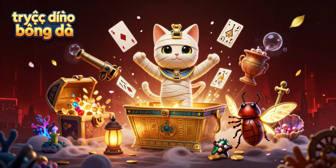 Experience trực tiếp bóng đá in a vibrant casino scene with Egyptian mummy cat and glowing elements.