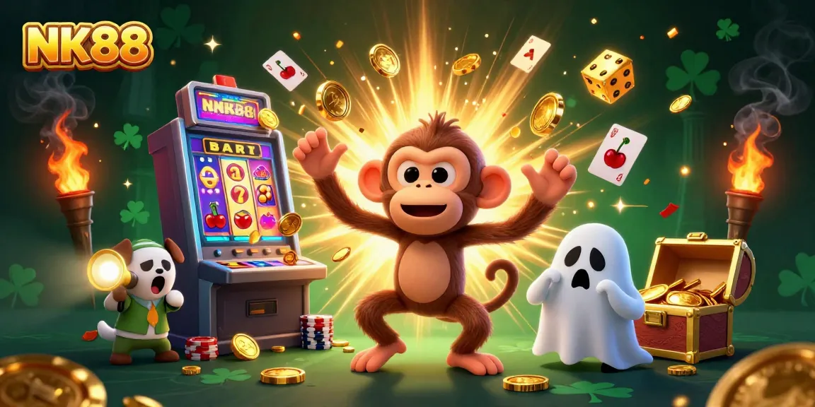 Track the playful NK88 poltergeist monkey juggling golden objects in a haunted casino.
