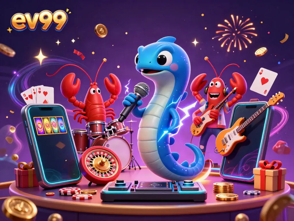 Experience the excitement at ev99's underwater casino with vibrant cartoon characters and dynamic gaming elements.