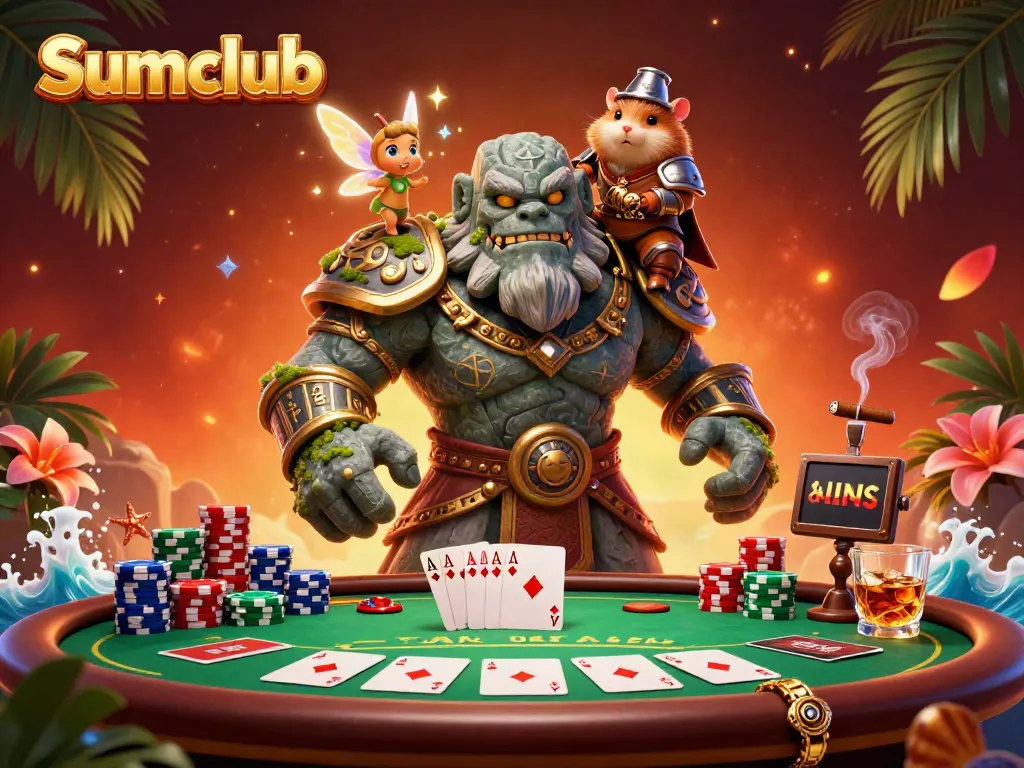 Experience the magic of Sumclub with a golem and knight in an engaging poker scene.