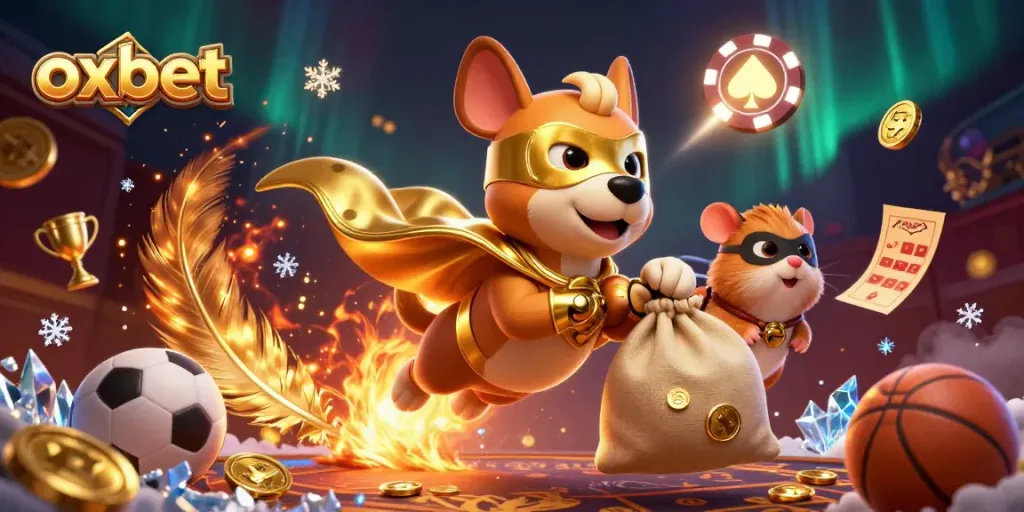 Experience the excitement of betting with Oxbet's vibrant 3D illustration showcasing a superhero dog and sports elements.