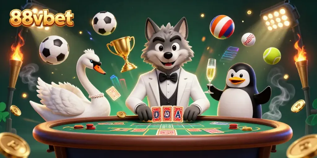 Experience the thrill of 88vbet with a debonair wolf, elegant swan, and sophisticated penguin in a dynamic casino scene.