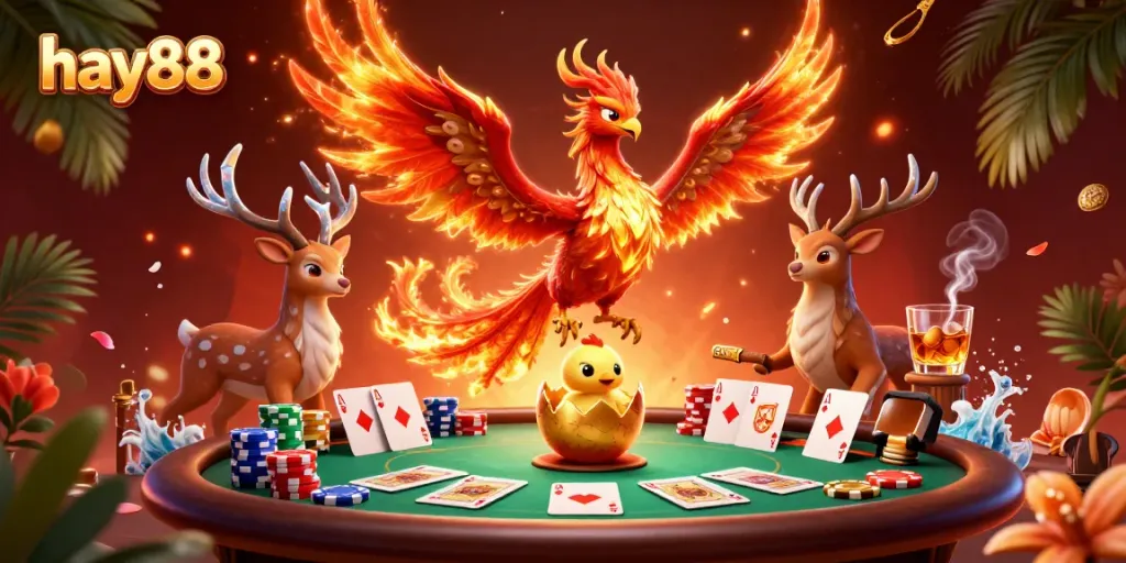 Play exciting poker at hay88 with an enchanting illustration of mythical characters in the casino world.