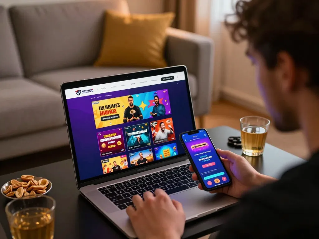 Engagierter Nutzer erkundet parhaat pikakasinot auf einem Laptop in einem gemütlichen Wohnzimmer.