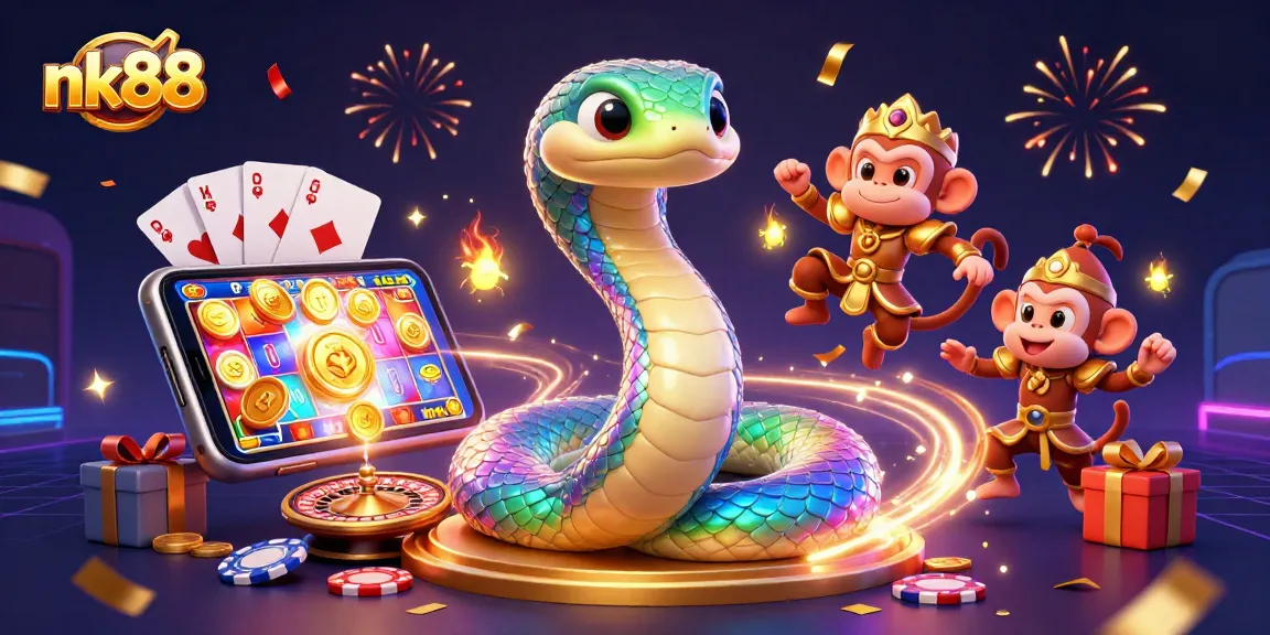 Play lively games at nk88 with colorful slot reels, poker cards, and festive characters.