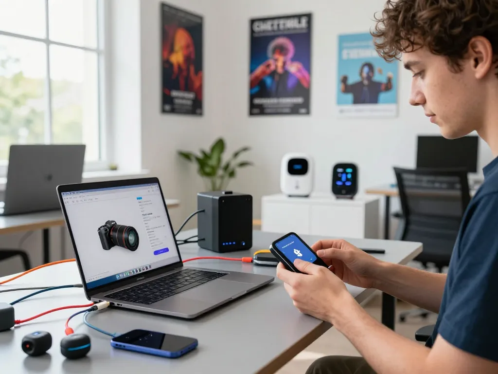 Showcasing top 10 tech gadgets 2026 in a modern workspace with Bluetooth devices and a tech enthusiast assembling innovative tools.