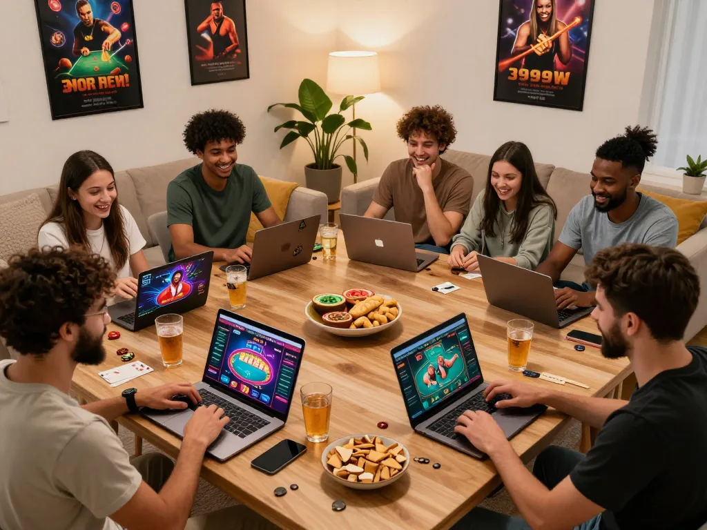 Friends playing online poker on 399W in a lively living room.