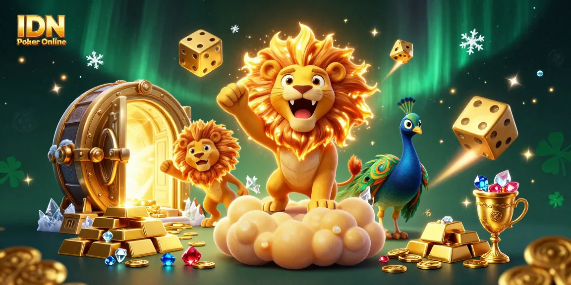 Experience IDN Poker Online with a triumphant 3D lion, golden dice, and vibrant casino treasures.