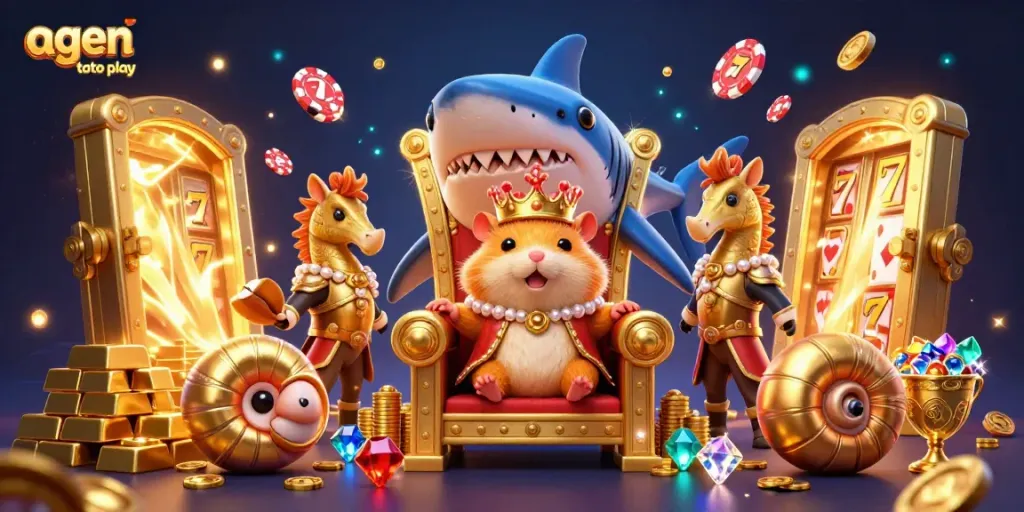 Engage with agen toto play's exciting casino elements, featuring a hamster king reigning over a vibrant treasure-filled scene.