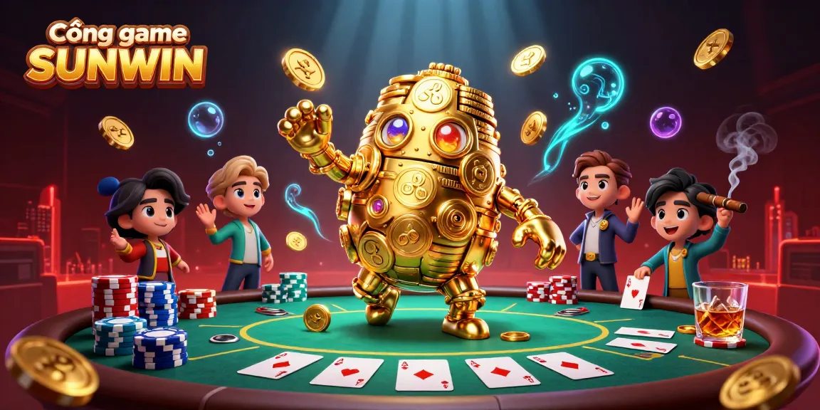 Engage with Cổng game SUNWIN featuring an animated golden golem amidst poker chips and vibrant casino elements.