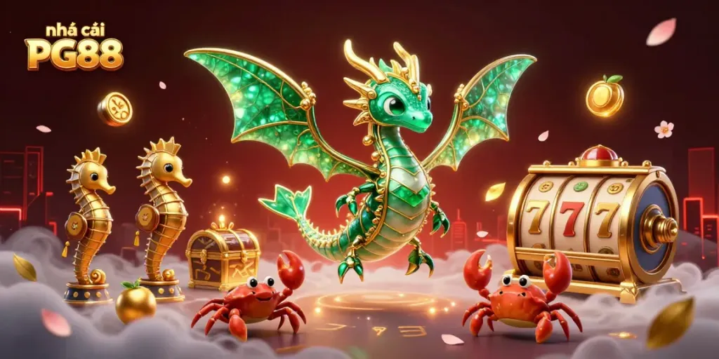 Engage with nhà cái PG88 featuring animations with a majestic dragon amidst dynamic gaming elements.